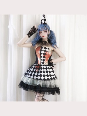 Halloween Magician Clown Dress + Choker + Hat + Gloves Outfit (JYF18)